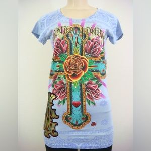 Christian Audigier Women Purple Rhinestones Cross Rose Short Sleeve Shirt